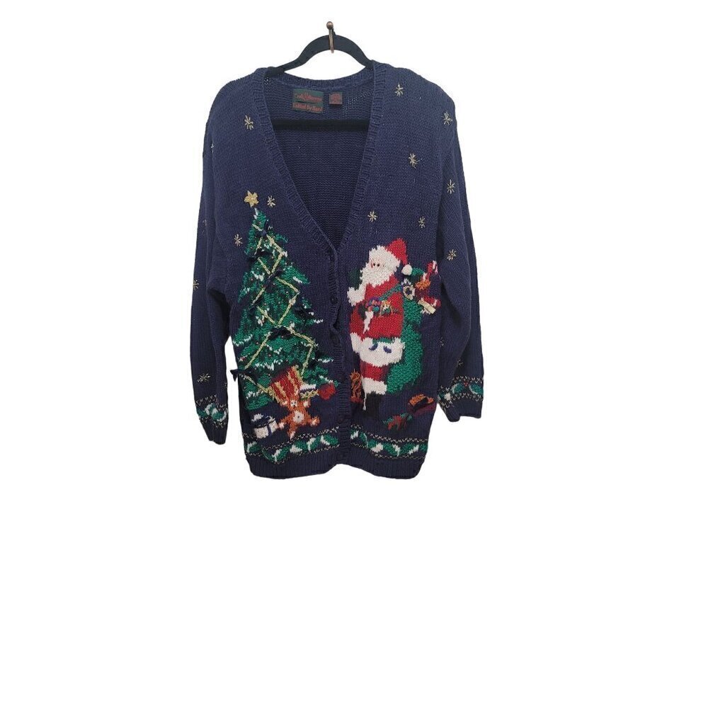 Croft & Barrow Christmas Cardigan Womens PL Navy Blue Santa Tree Ugly Sweater